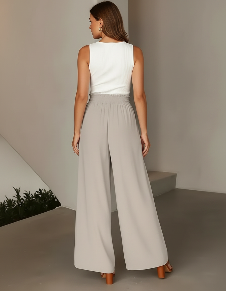 Pantalon À Pince Fluide Gris Clair Taille Haute Femme - Polyester - vue 2
