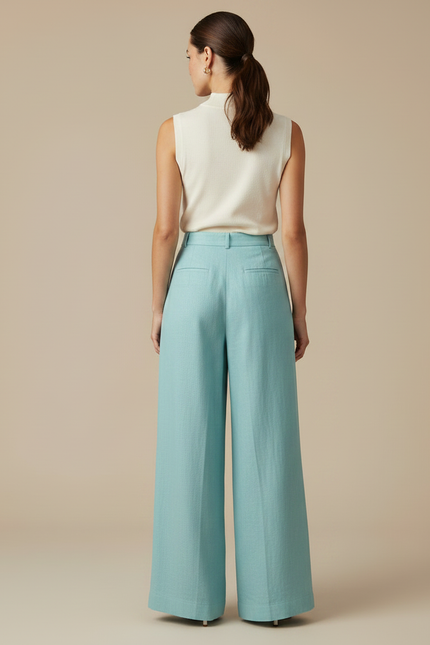 Pantalon À Pince Bleu Ciel Ample Lin Taille Haute - vue 2
