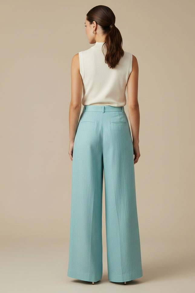 Pantalon À Pince Bleu Ciel Ample Lin Taille Haute - vue 2