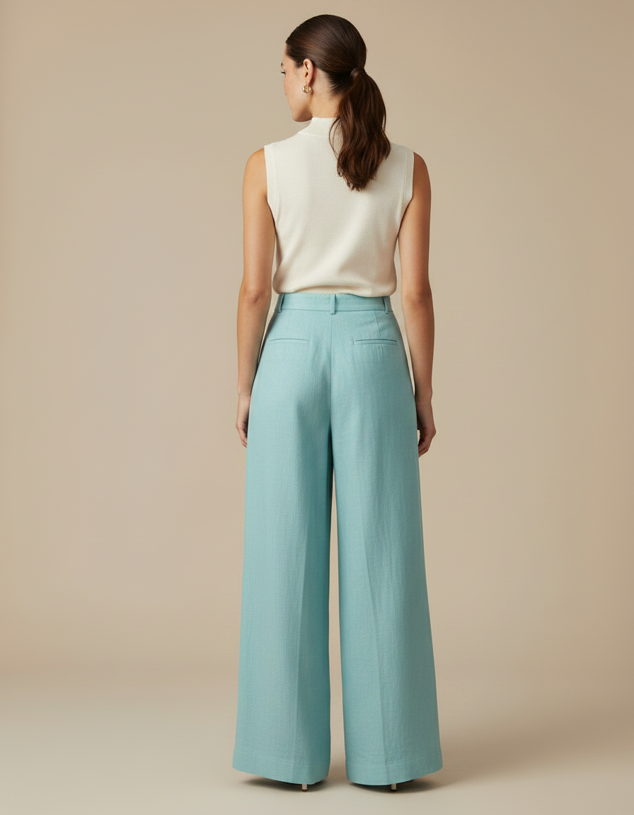 Pantalon À Pince Bleu Ciel Ample Lin Taille Haute - vue 2