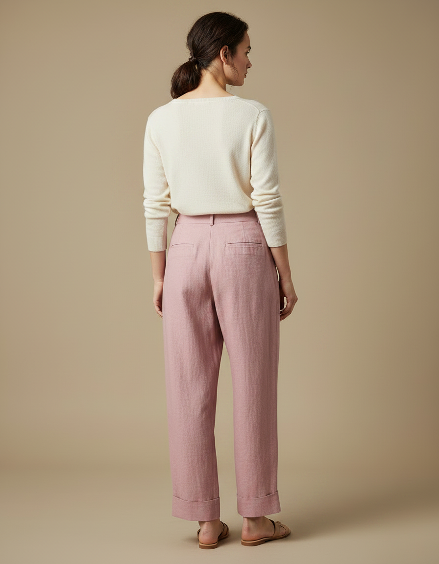Pantalon À Pince Rose Ample Lin Coton Fluide - vue 2
