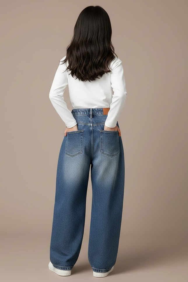 Pantalon À Pince Denim Ample Plissé Dégradé Fille - Bleu Jean - vue 2