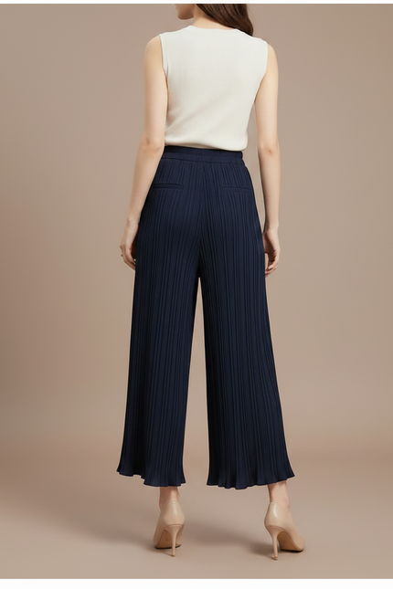 Pantalon À Pince Plissé Fluide Ample Bleu Marine - Polyester - vue 2