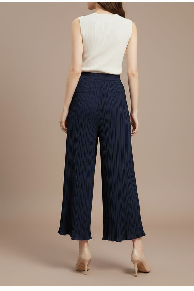 Pantalon À Pince Plissé Fluide Ample Bleu Marine - Polyester - vue 2