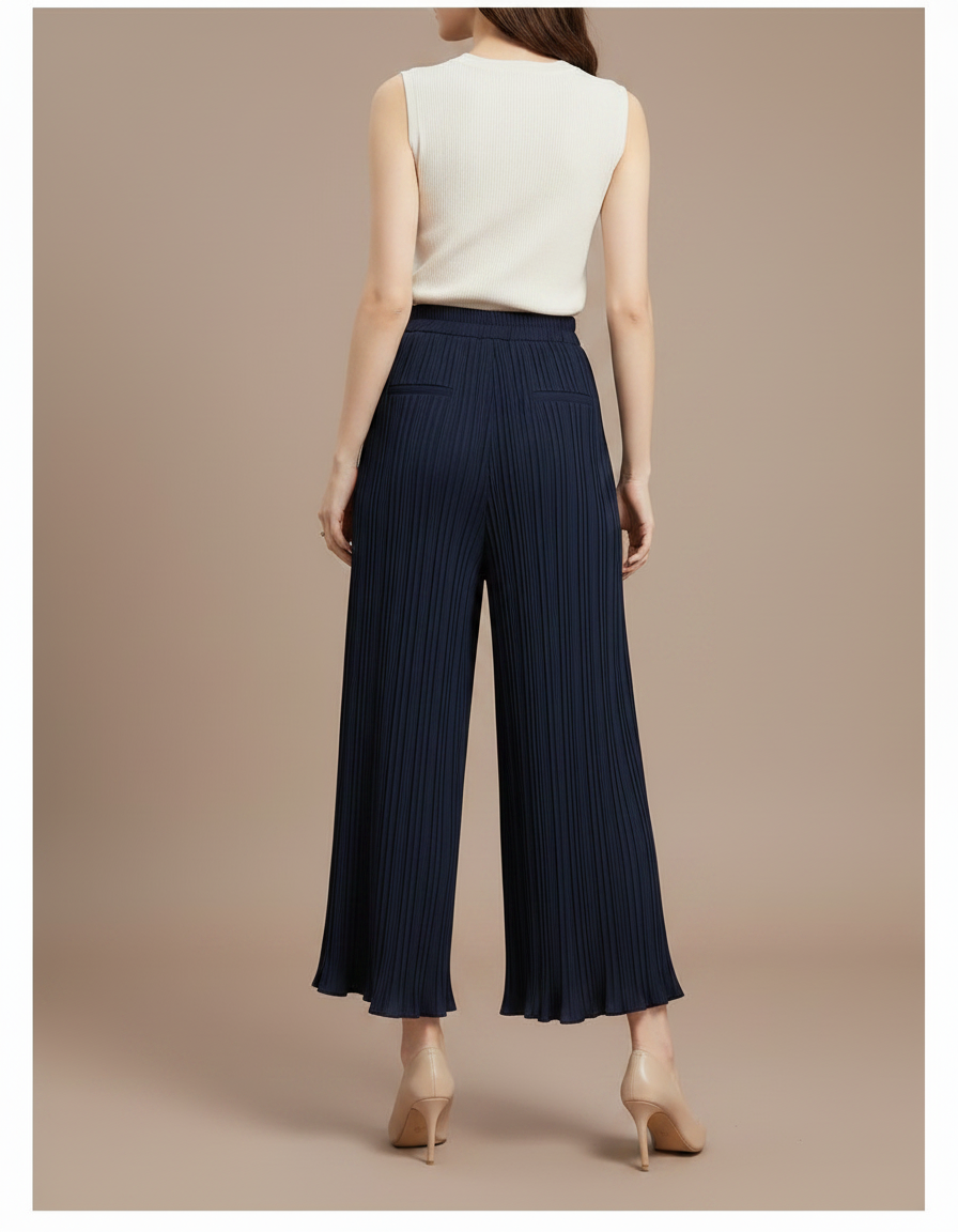 Pantalon À Pince Plissé Fluide Ample Bleu Marine - Polyester - vue 2