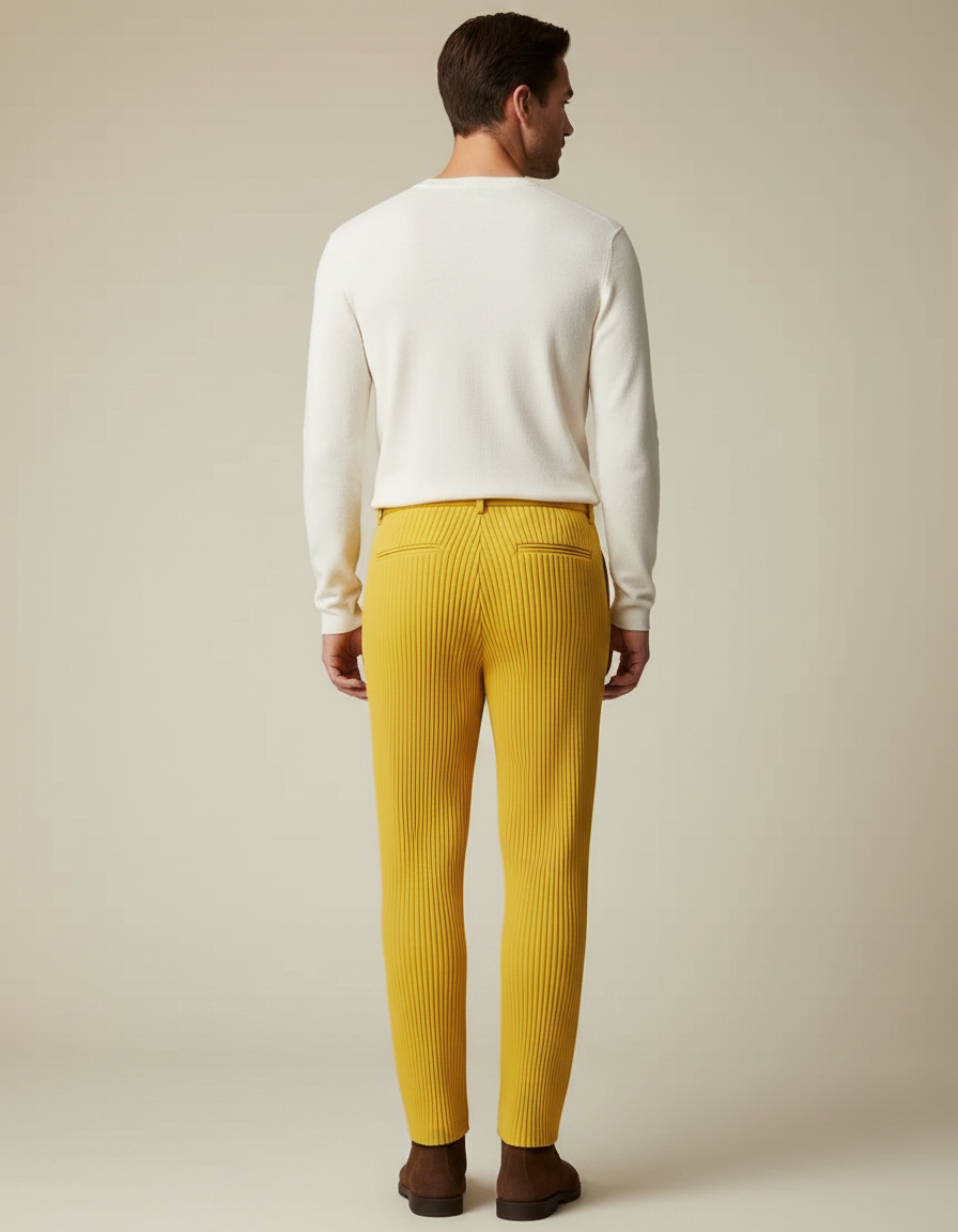 Pantalon À Pince Jaune Plissé Confortable Décontracté Homme - Maille - vue 2