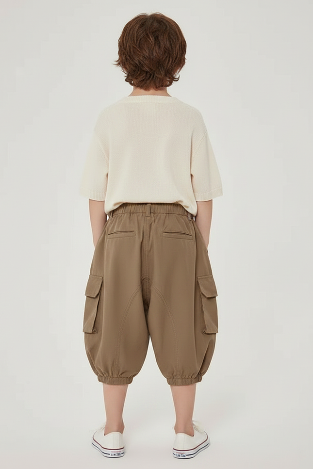 Pantalon À Pince Cargo Marron Ample Coton Enfant - Kaki - vue 2