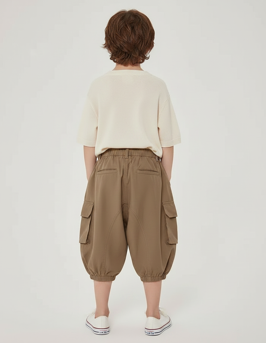 Pantalon À Pince Cargo Marron Ample Coton Enfant - Kaki - vue 2