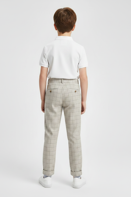 Pantalon À Pince Carreaux Beige Plissé Garçon Élégant - Gabardine - vue 2