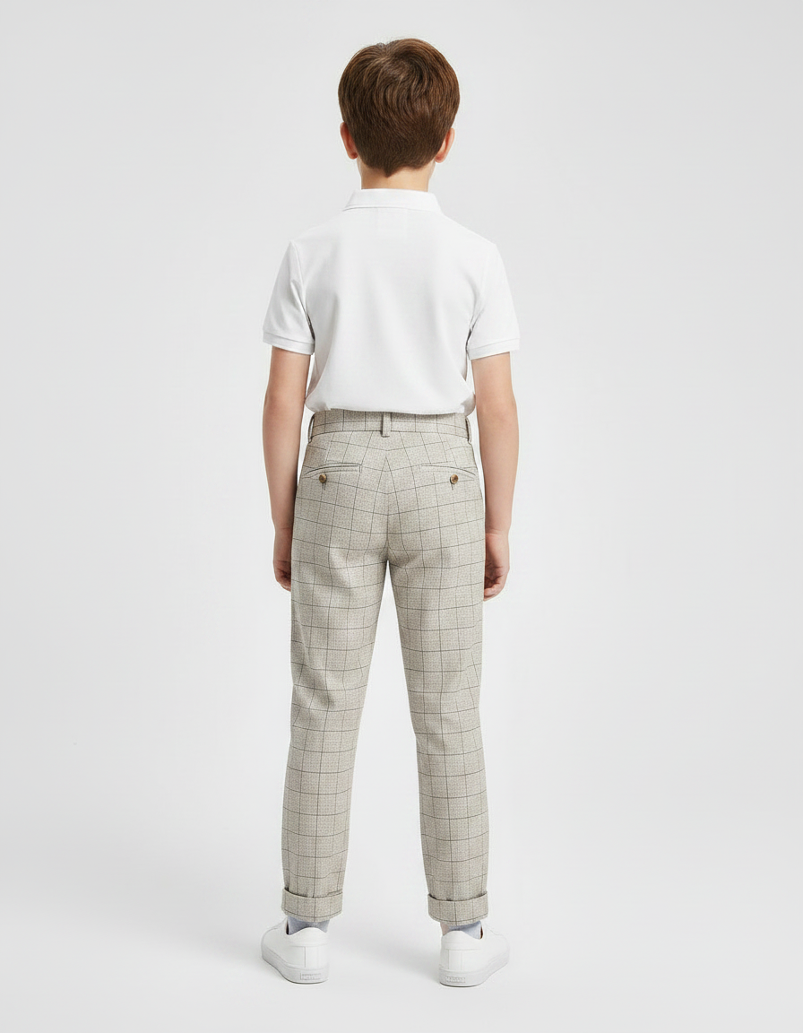 Pantalon À Pince Carreaux Beige Plissé Garçon Élégant - Gabardine - vue 2