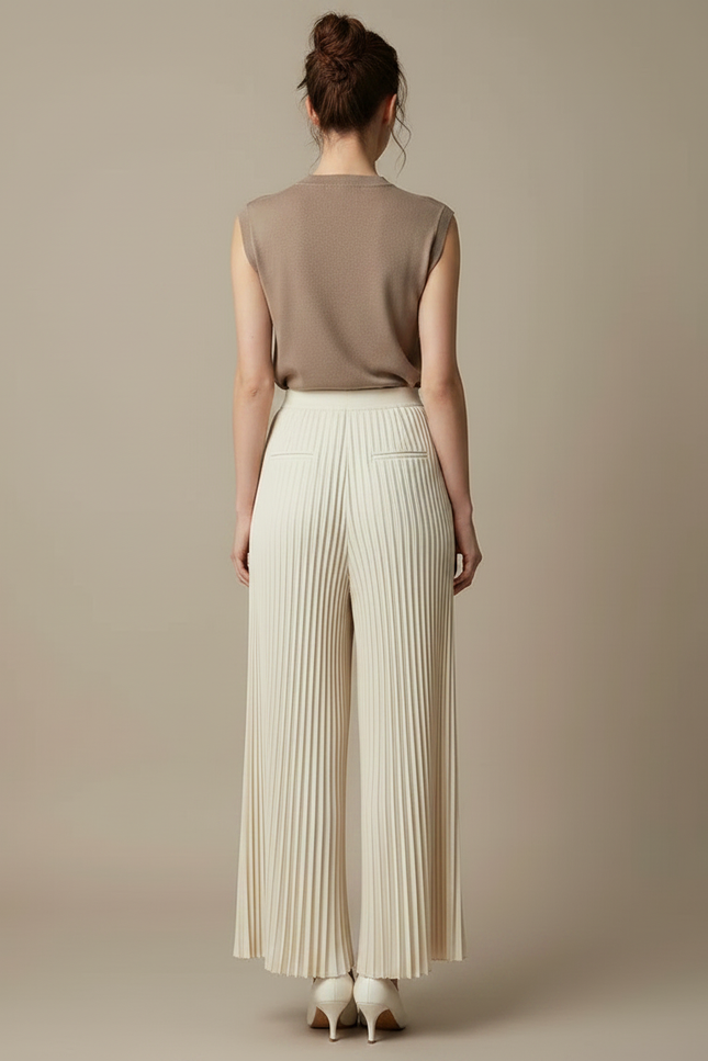 Pantalon À Pince Plissé Ample Crème Élégant Fluide - Beige Polyester - vue 2