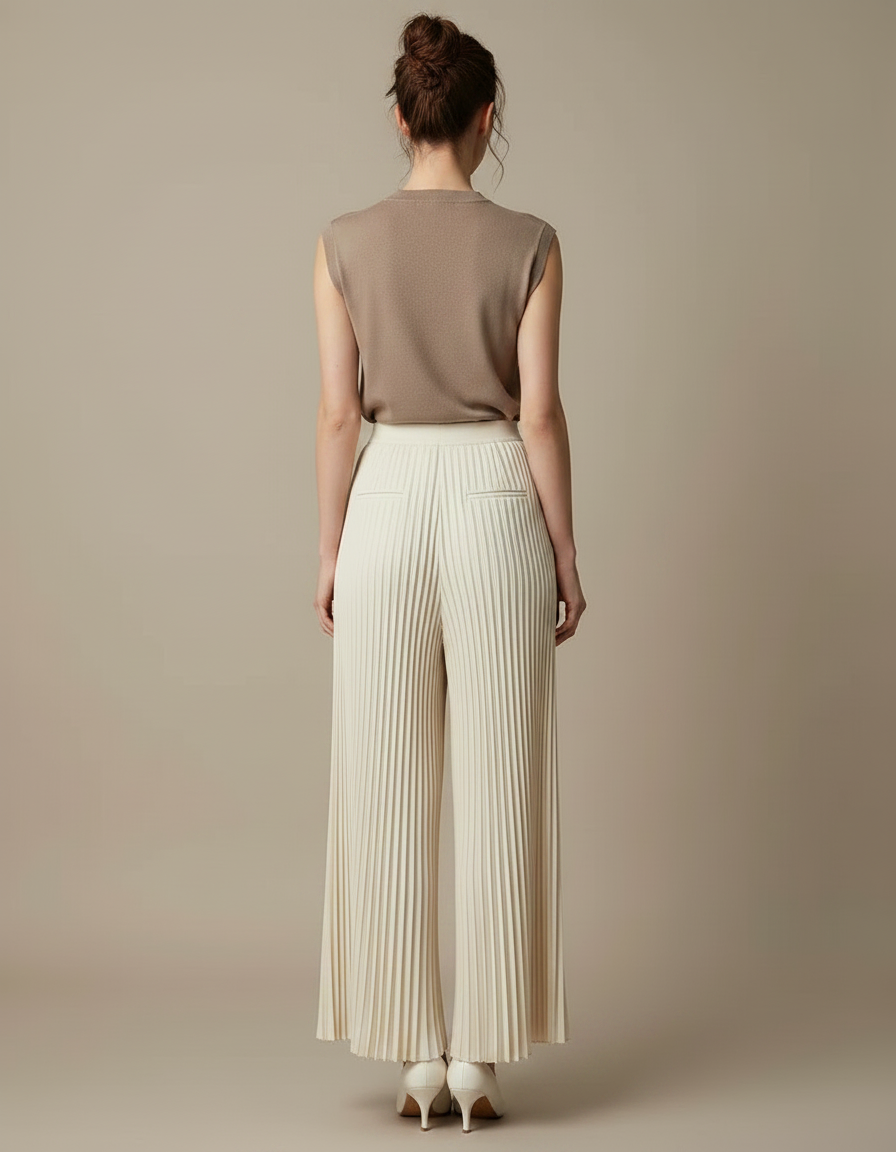 Pantalon À Pince Plissé Ample Crème Élégant Fluide - Beige Polyester - vue 2