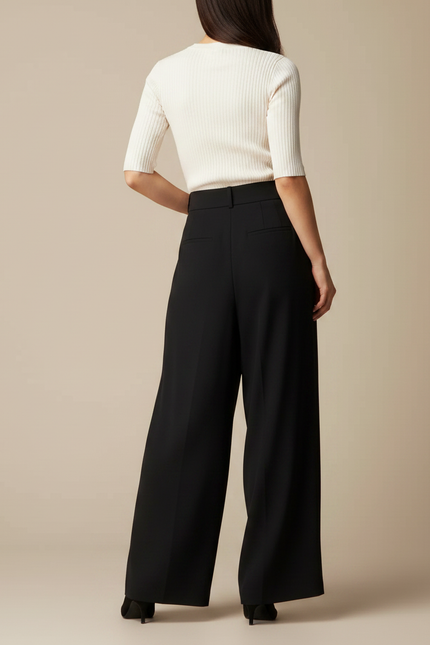 Pantalon À Pince Noir Plissé Ample Fluide Élégant - Polyester - vue 2