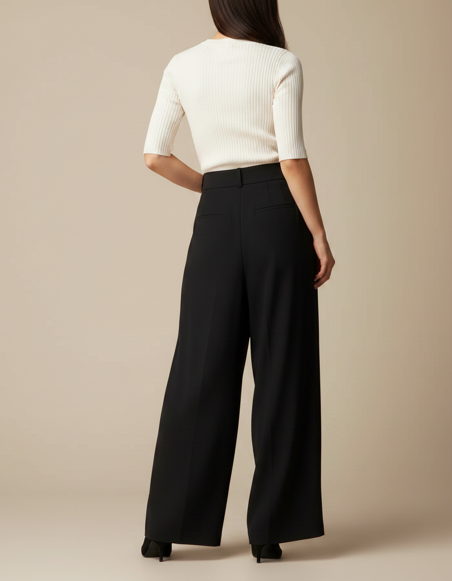 Pantalon À Pince Noir Plissé Ample Fluide Élégant - Polyester - vue 2