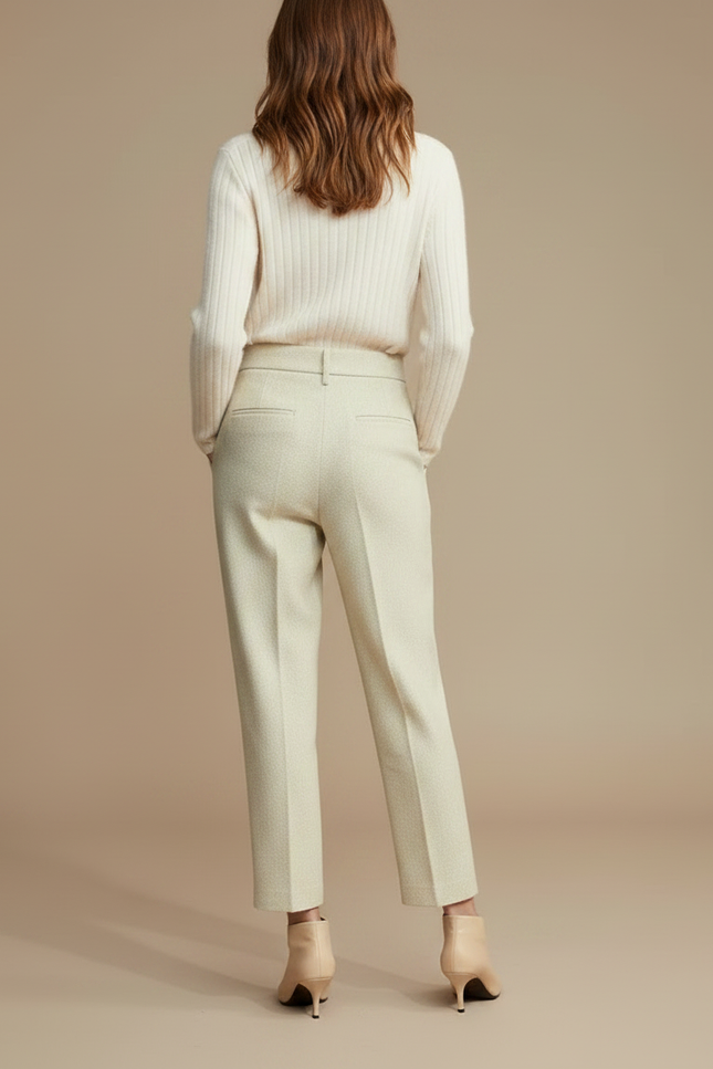 Pantalon À Pince Crème Laine Plissé Fuselé Femme - Beige Tweed - vue 2