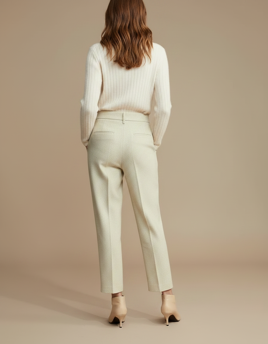 Pantalon À Pince Crème Laine Plissé Fuselé Femme - Beige Tweed - vue 2