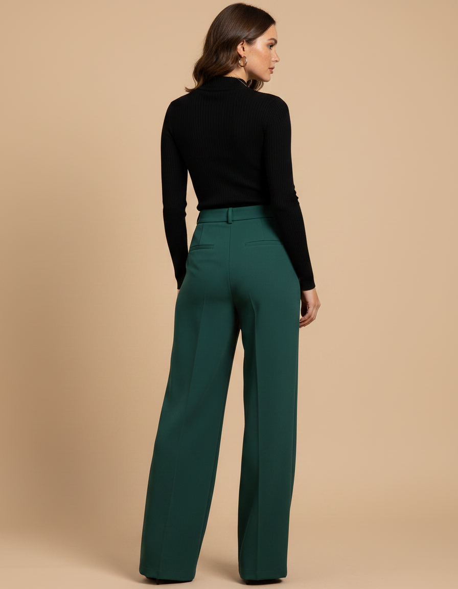 Pantalon À Pince Vert Émeraude Large Fluide Élégant Femme - Polyester - vue 2