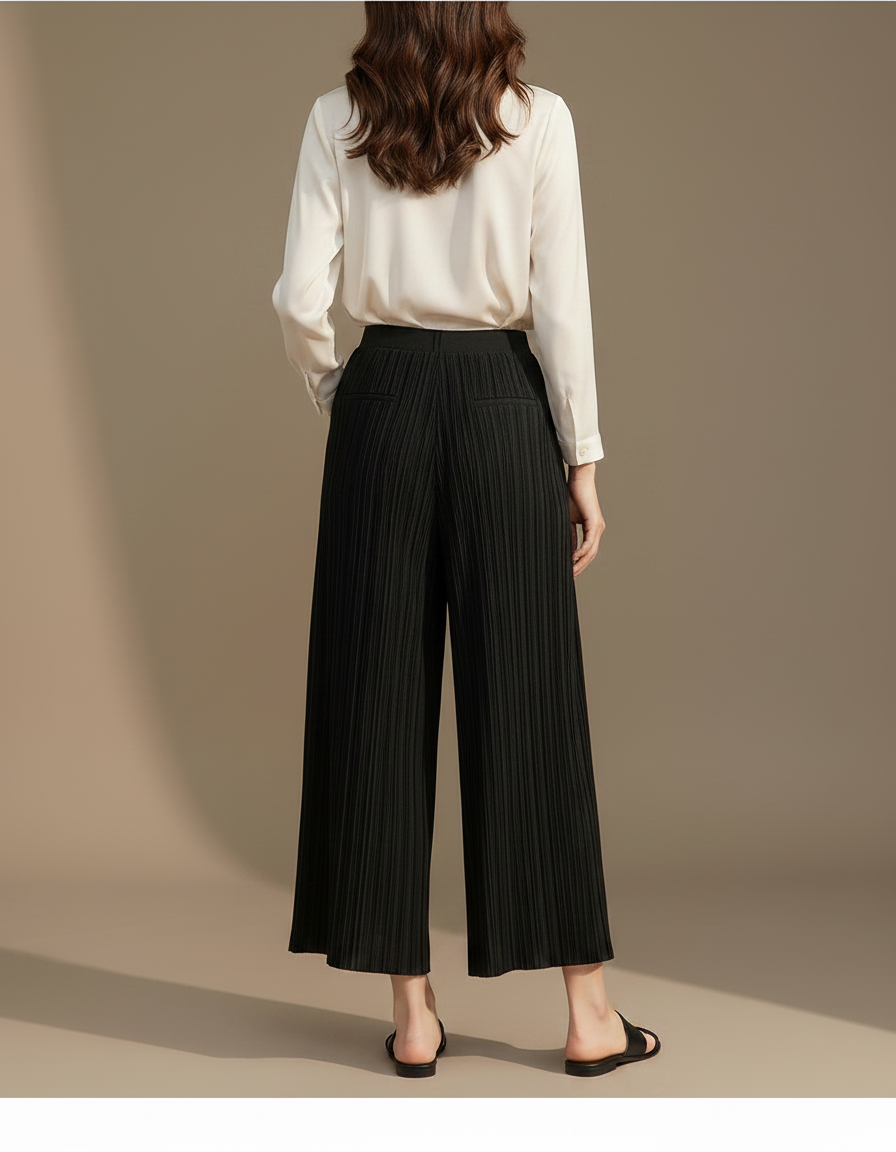 Pantalon À Pince Noir Plissé Ample Fluide Décontracté - Polyester - vue 2