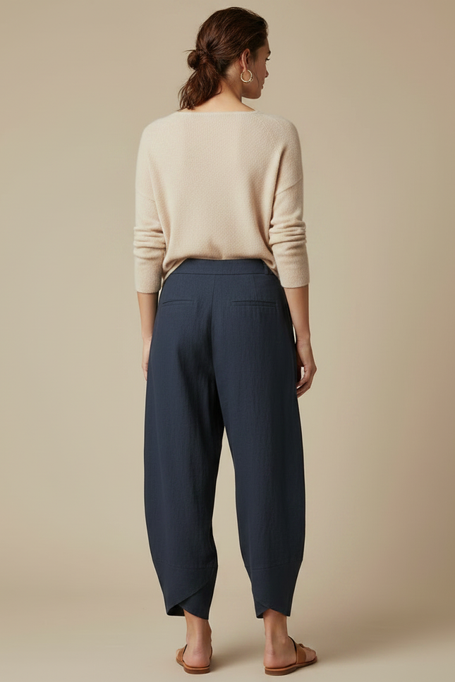 Pantalon À Pince Bleu Marine Ample Plissé Lin Femme - vue 2