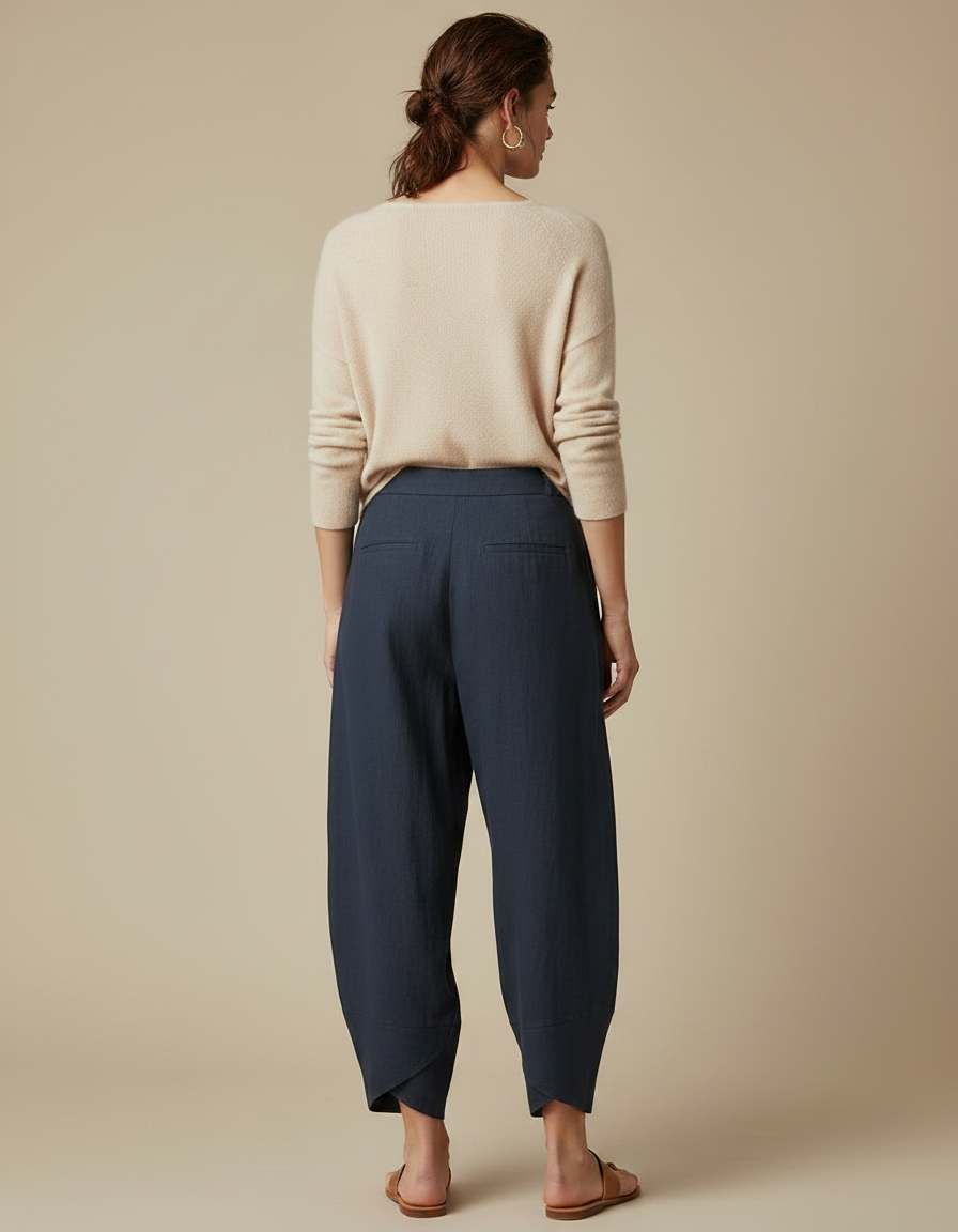Pantalon À Pince Bleu Marine Ample Plissé Lin Femme - vue 2