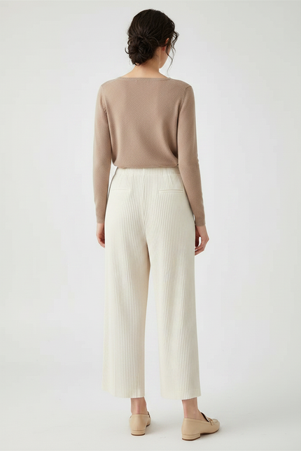 Pantalon À Pince Plissé Ample Fluide Crème Femme - Beige Maille - vue 2