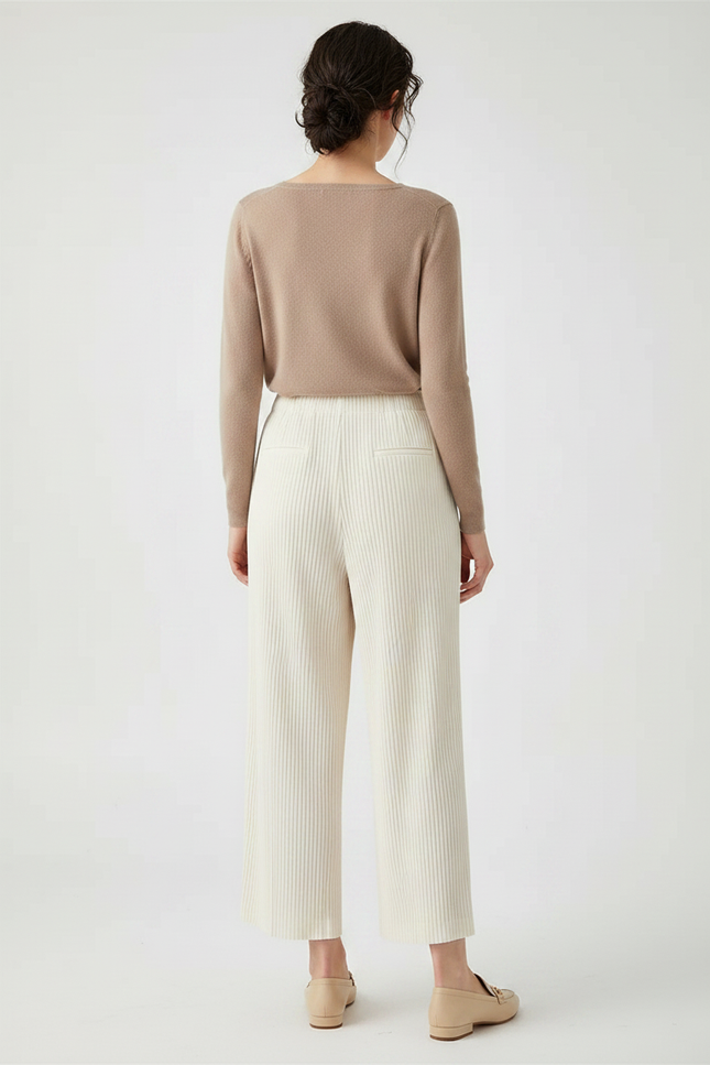 Pantalon À Pince Plissé Ample Fluide Crème Femme - Beige Maille - vue 2