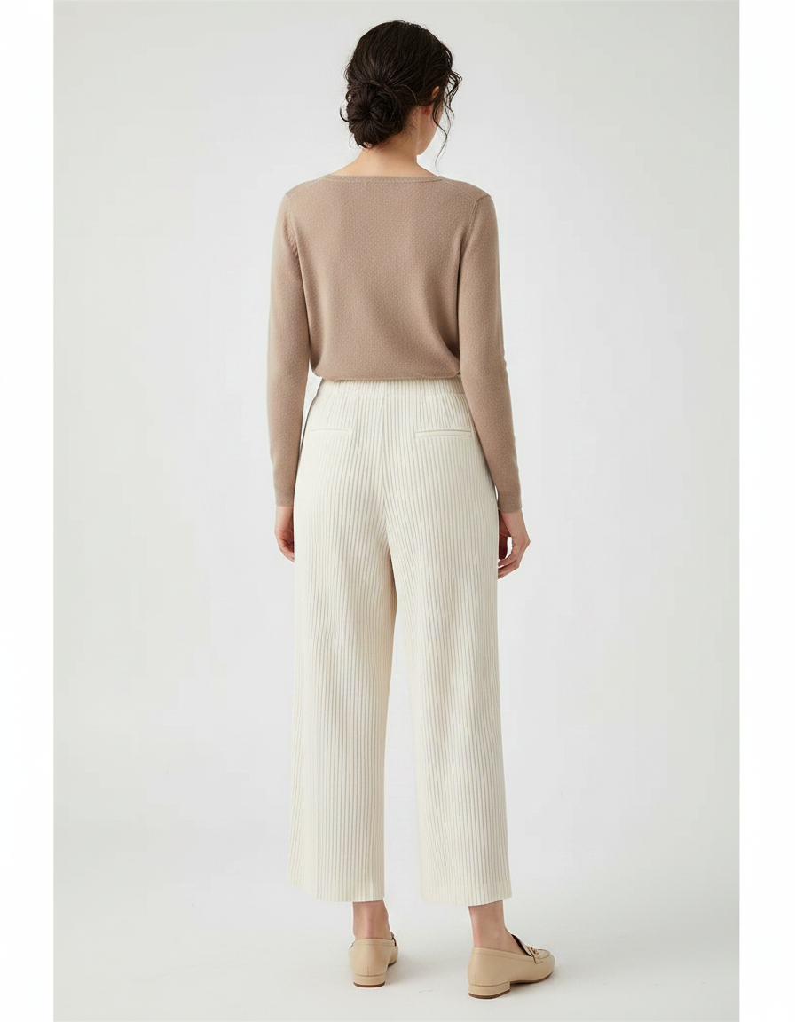Pantalon À Pince Plissé Ample Fluide Crème Femme - Beige Maille - vue 2