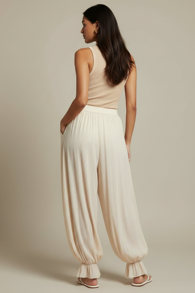 Pantalon À Pince Plissé Ample Beige Fluide Élastique - Viscose - vue 2