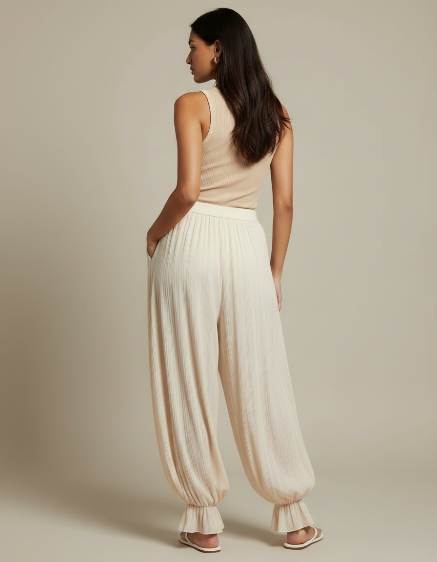 Pantalon À Pince Plissé Ample Beige Fluide Élastique - Viscose - vue 2