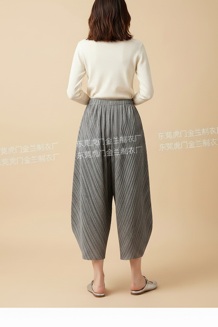 Pantalon À Pince Plissé Gris Ample Taille Haute Décontracté - Polyester - vue 2