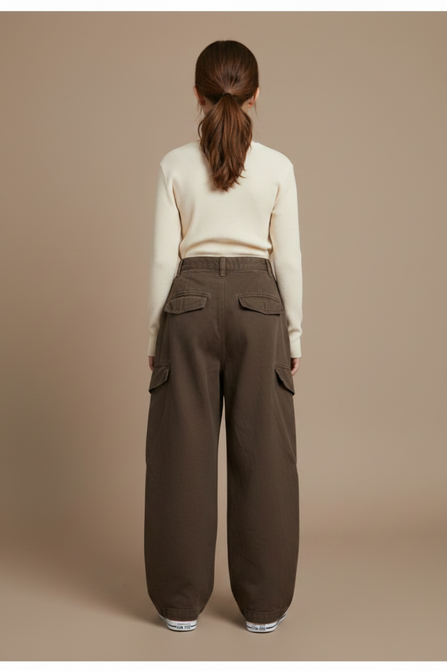 Pantalon À Pince Cargo Marron Ample Confortable Fille - Toile - vue 2