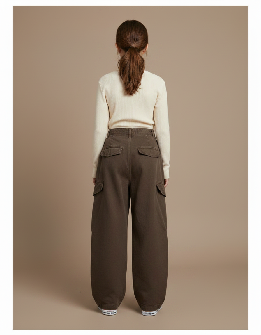 Pantalon À Pince Cargo Marron Ample Confortable Fille - Toile - vue 2
