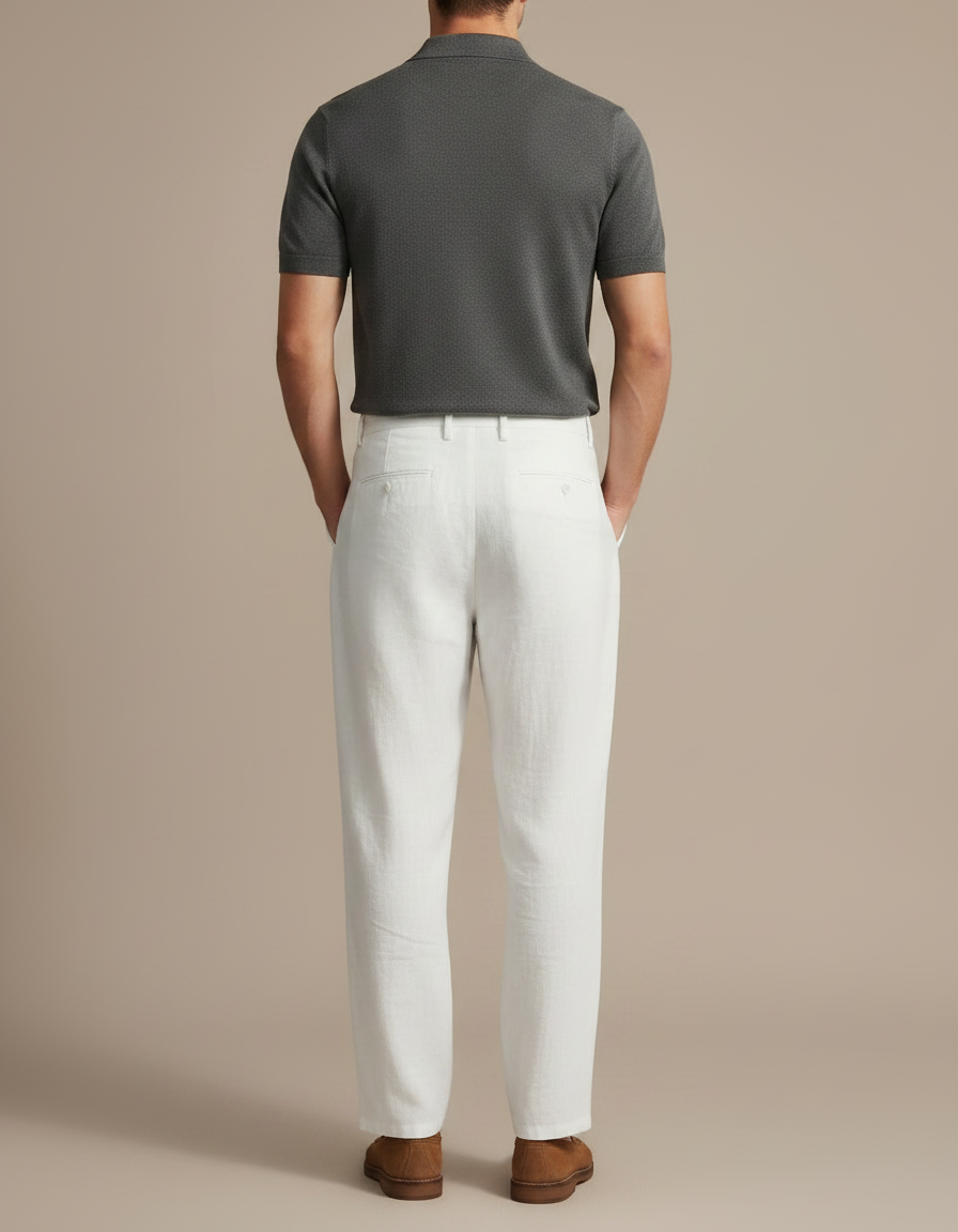 Pantalon À Pince Blanc Lin Ample Plissé Homme - vue 2