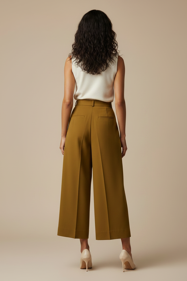 Pantalon À Pince Plissé Fluide Vert Kaki Ample Élégant - Polyester - vue 2