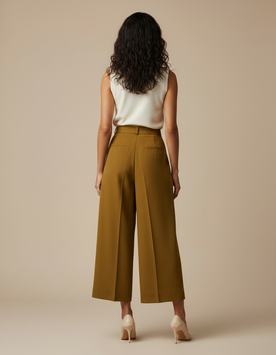 Pantalon À Pince Plissé Fluide Vert Kaki Ample Élégant - Polyester - vue 2