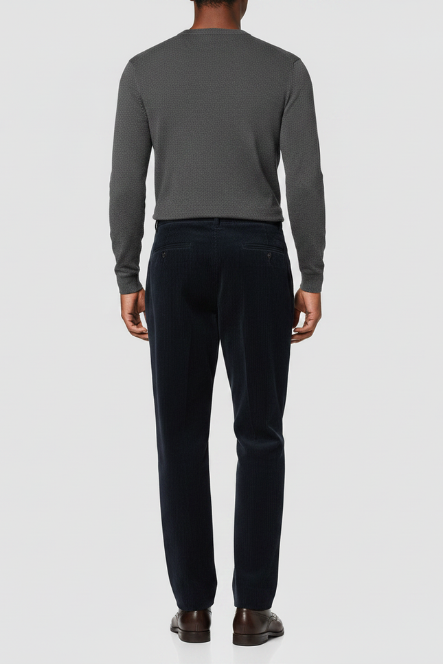 Pantalon À Pince Bleu Marine Côtelé Plissé Droit Homme - Cordé - vue 2