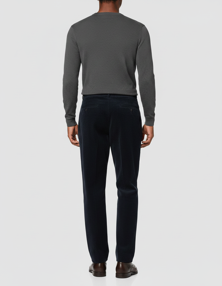 Pantalon À Pince Bleu Marine Côtelé Plissé Droit Homme - Cordé - vue 2