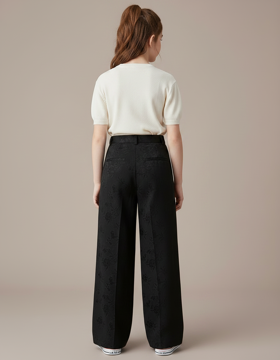 Pantalon À Pince Noir Brodé Ample Plissé Élégant - Polyester - vue 2