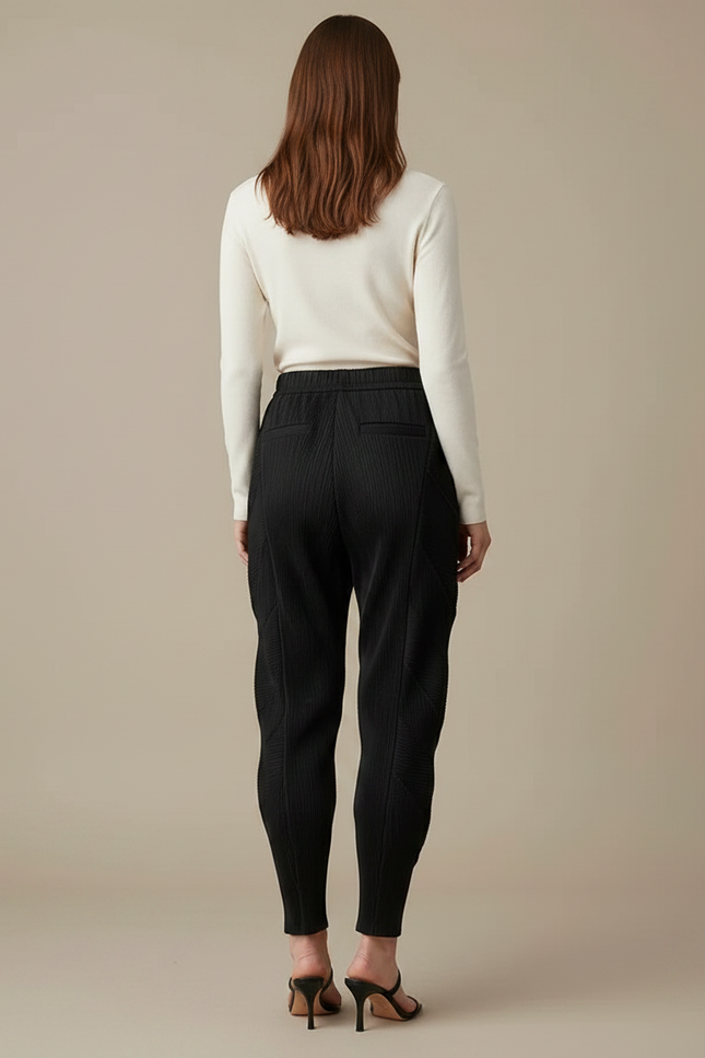 Pantalon À Pince Noir Plissé Sculptural Élastique Chevrons - Polyester - vue 2