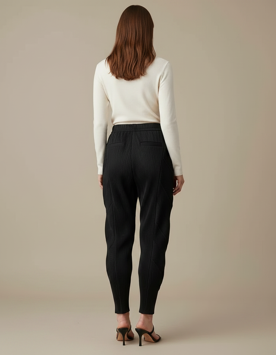 Pantalon À Pince Noir Plissé Sculptural Élastique Chevrons - Polyester - vue 2