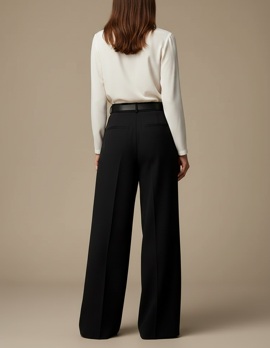 Pantalon À Pince Noir Droit Ample Élégant Ceinturé - Polyester - vue 2