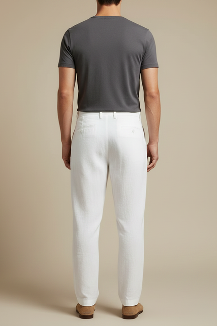 Pantalon À Pince Blanc Lin Droit Décontracté Homme - vue 2