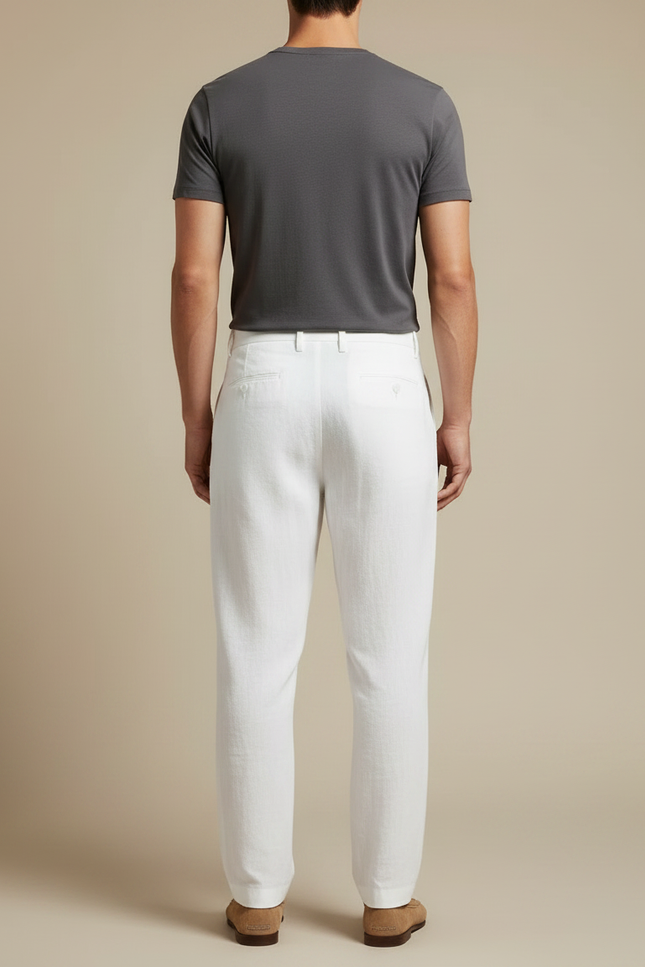 Pantalon À Pince Blanc Lin Droit Décontracté Homme - vue 2