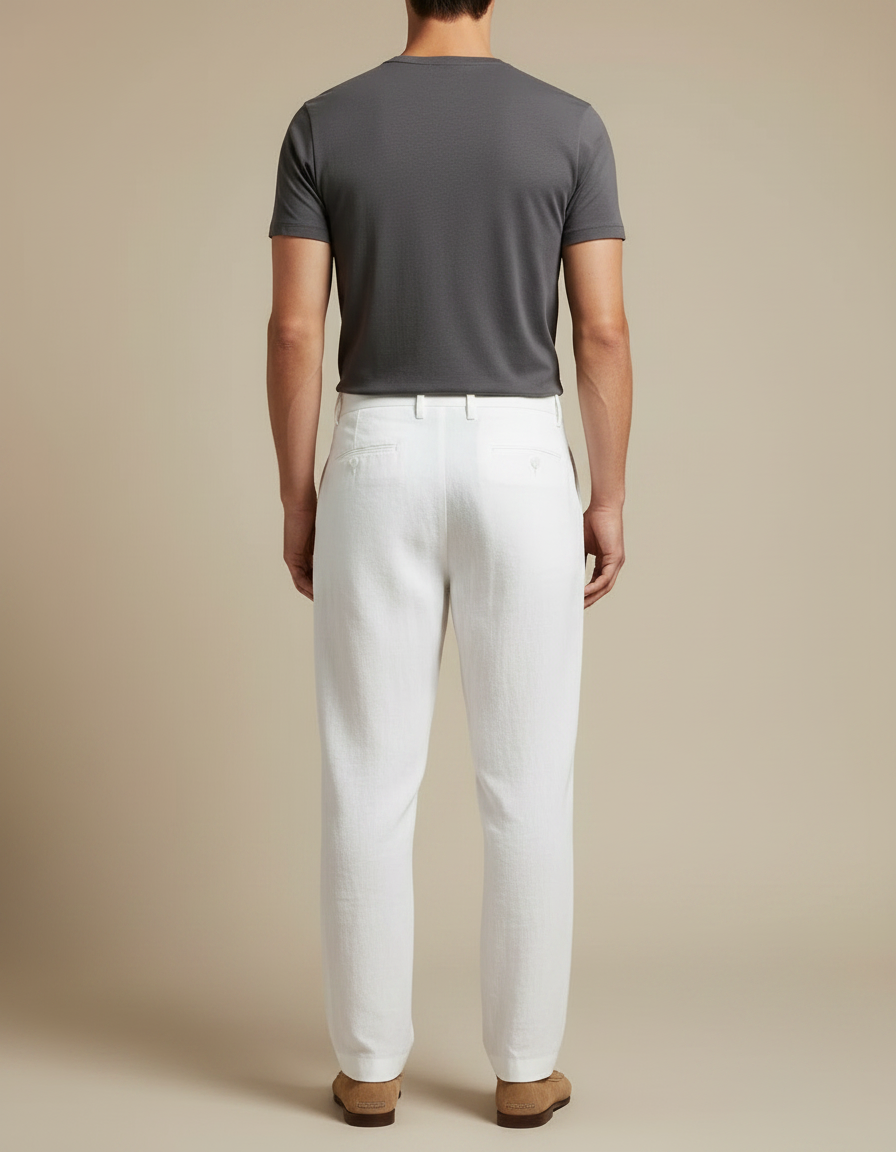 Pantalon À Pince Blanc Lin Droit Décontracté Homme - vue 2