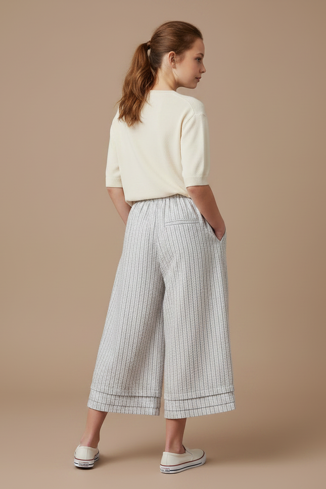 Pantalon À Pince Rayé Coton Ample Court - Gris - vue 2