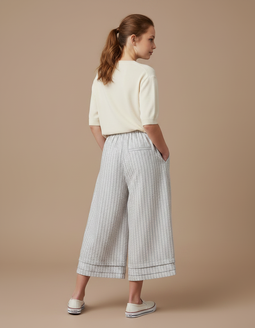 Pantalon À Pince Rayé Coton Ample Court - Gris - vue 2