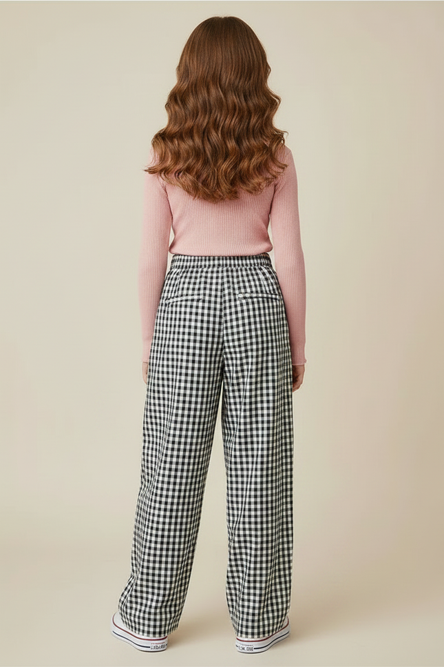 Pantalon À Pince Carreaux Vichy Ample Droit Fille - Imprimé Coton - vue 2