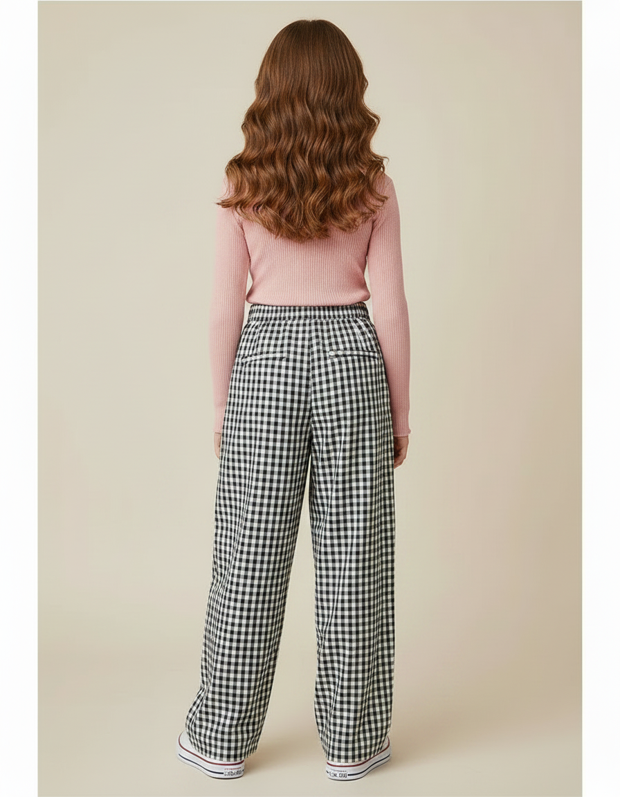 Pantalon À Pince Carreaux Vichy Ample Droit Fille - Imprimé Coton - vue 2