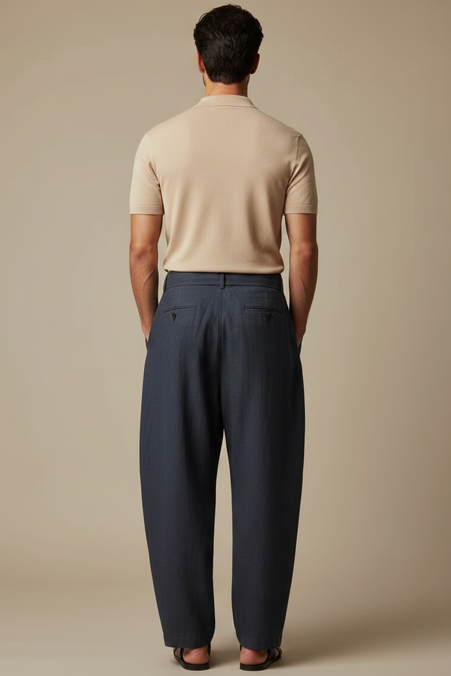 Pantalon À Pince Bleu Marine Ample Ceinture Décontracté - Lin - vue 2