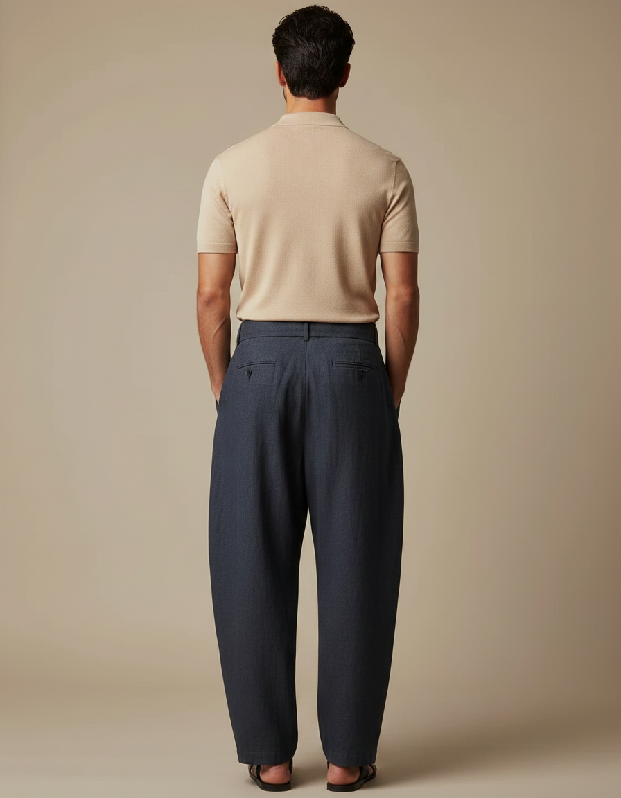 Pantalon À Pince Bleu Marine Ample Ceinture Décontracté - Lin - vue 2